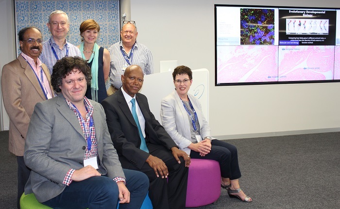 Back row (L-R): Professor Arcot Rajasekar (School of Library and Information Sciences at the University of North Carolina at Chapel Hill), Richard Northam (Australian National Data Service, Nectar and RDS Projects: National Collaboration Research Infrastructure Strategy), Gwenda Thomas (executive director, UCT Libraries) and Sakkie Janse van Rensburg (executive director of Information and Communication Technology Services at UCT) Front row (L-R): Dr Steven Manos (Associate Director, Research Platform Services, University of Melbourne Information Sciences), Dr Daniel Adams (Chief Director: Basic Sciences and infrastructure at the Department of Science and Technology) and Dr Dale Peters (director, UCT eResearch).