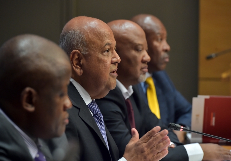 Minister Pravin Gordhan, Deputy Minister Mcebisi Jonas and Reserve Bank Governor Lesetja Kganyago during the pre-Budget speech media briefing at Imbizo Centre in Parliament.