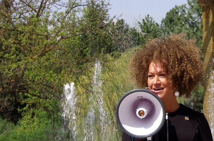 Then National Association for the Advancement of Colored People president, Rachel Dolezal, speaking at a rally in downtown Spokane, Washington.