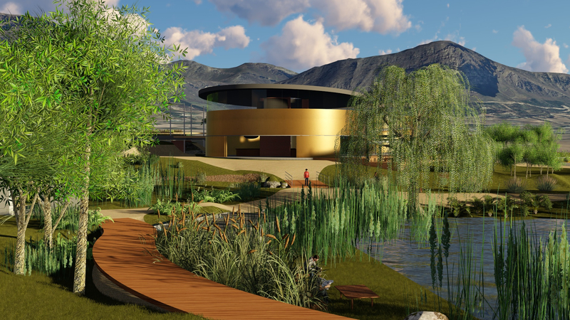 Architectural image of the Water Hub in Franschhoek by Roark Robinson of MRA Architects. 