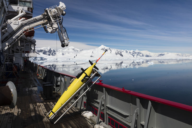 Autonomous underwater vehicles like this one will roam the waters of Antarctica for two years collecting information about the ocean there. <b>Photo</b> Louise Biddle.