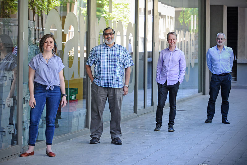 Expanding Global Access to Bioimaging Awards recipients, from left, Caron Jacobs, Mohamed Jaffer, Jeremy Woodward and Robert Knutsen.