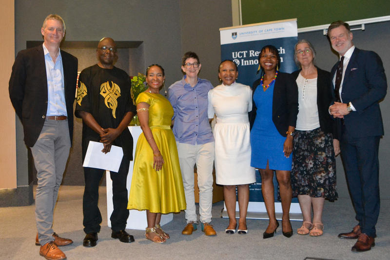 At the recent UCT Research celebration 2022, The Conversation Africa (TC-Africa) awarded four UCT researchers for their contributions to the platform. From left to right are awardees Prof Marc Mendelson and Prof Sanya Osha, Vice-Chancellor Prof Mamokgethi Phakeng, Natasha Joseph from TC-Africa, Dr Linda Mtwisha, TC-Africa’s Pfungwa Nyamukachi, Deputy Vice-Chancellor: Research and Internationalisation Prof Sue Harrison, and Prof Richard Calland, another awardee.