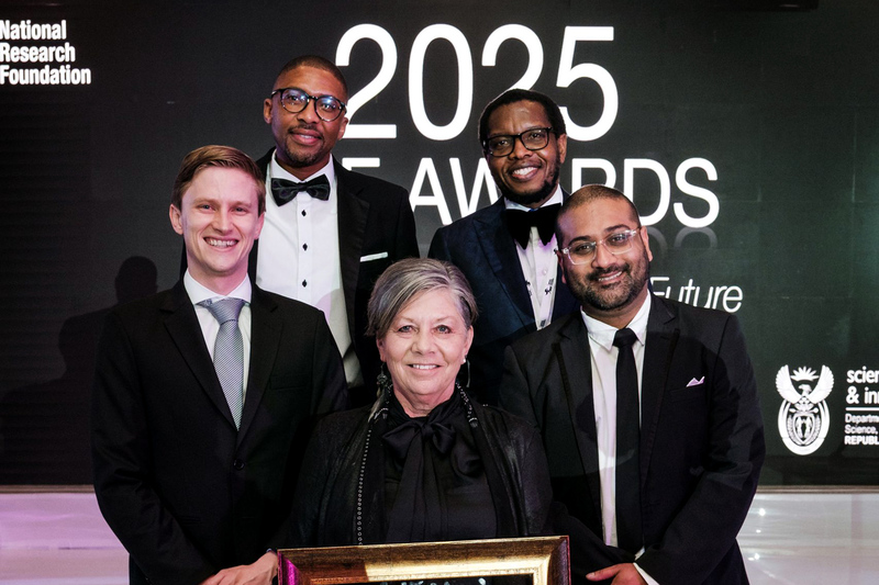 UCT researchers proudly celebrate their success at the NRF Awards, where they were recognised for their outstanding research, innovation and impact. Pictured&nbsp;from left to right: Mr&nbsp;Jonathan Oehley, Dr&nbsp;Itumeleng Monageng, Prof&nbsp;Jill Farrant, Prof&nbsp;Mosa Moshabela and Dr&nbsp;Mubeen Goolam.