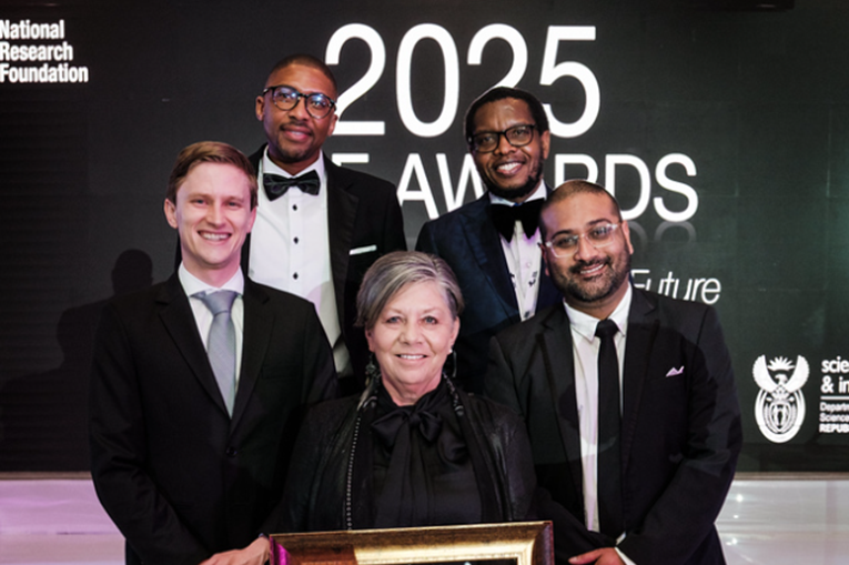 UCT researchers proudly celebrate their success at the NRF Awards, where they were recognised for their outstanding research, innovation and impact. Pictured from left to right: Mr Jonathan Oehley, Dr Itumeleng Monageng, Prof Jill Farrant, Prof Mosa Moshabela and Dr Mubeen Goolam.