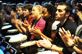 International students drumming