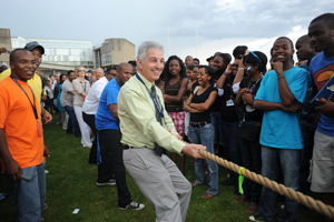 Dr Max Price enjoys a tussle at the Freshers' Braai