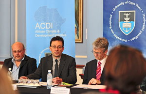 (From left) Profs Bruce Hewitson, Mark New and Harald Winkler address the media.