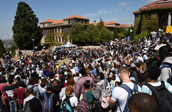 Hundreds of students gather on Jameson Plaza for an open-air debate on a plan of action for transformation at UCT. The 12 March debate ends with students chanting &ldquo;we want a date&rdquo;, and results in a document addressing the issue of structural racism, handed to the university Council. Photo by Michael Hammond.