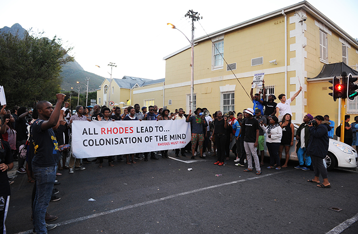 Students &ndash; from UCT and other institutions of higher learning &ndash; protesting outside the Research Office on Rhodes Avenue, while Council decides the fate of the Rhodes statue on 8 April. Photo by Michael Hammond.