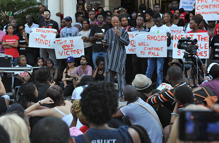 Pastor Xola Skosana was one of the speakers at a meeting at Bremner building before students&rsquo; march to witness the removal of the Rhodes statue on 9 April. According to Skosana the statue&rsquo;s removal heralds the return of &ldquo;a collective African voice&rdquo; intent on telling its own stories. Photo by Michael Hammond.