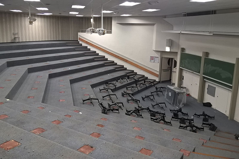 Classrooms were gutted to make way for new carpets, seats, and desks. 