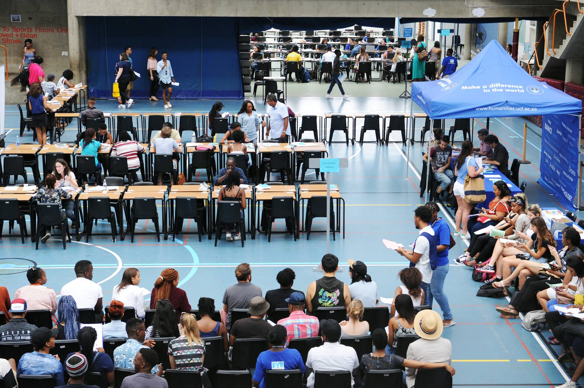 First-years lining up for registration at the UCT Sports Centre. 