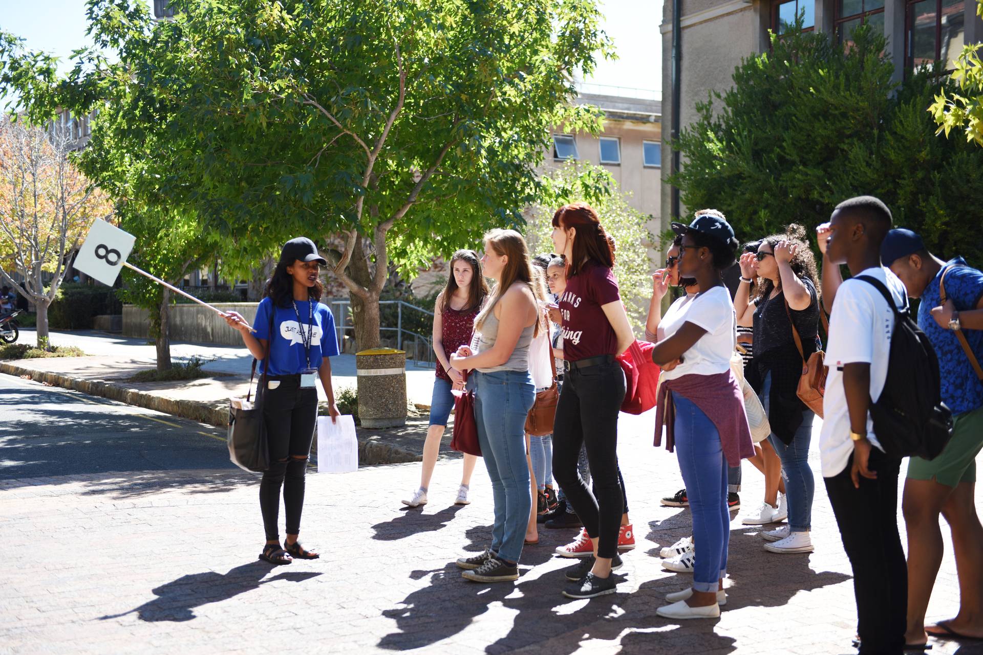 Freshers on Jameson plaza during their orientation tour of campus.