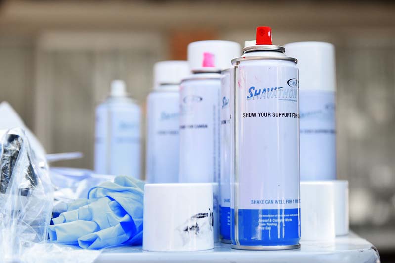 CANSA provided specially branded Shavathon spray cans in different colours for volunteers.