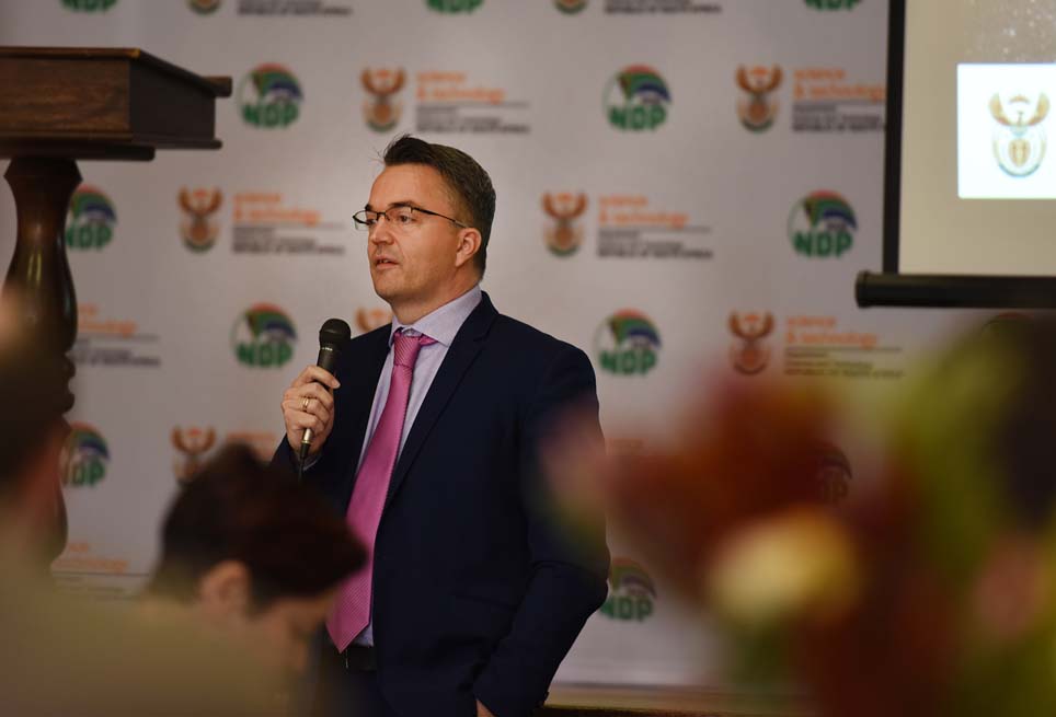 Professor Patrick Woudt, the head of UCT’s Department of Astronomy, explains the technical aspects of the telescope to members of the media and invited guests.