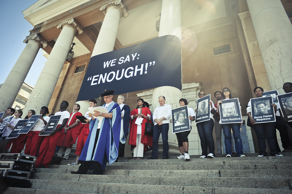 Dr Price was a speaker at the We Say Enough protest outside Memorial Hall in 2013. The event, which was led by the senior leadership group and the Students’ Representative Council, was held to protest violent crime against women.