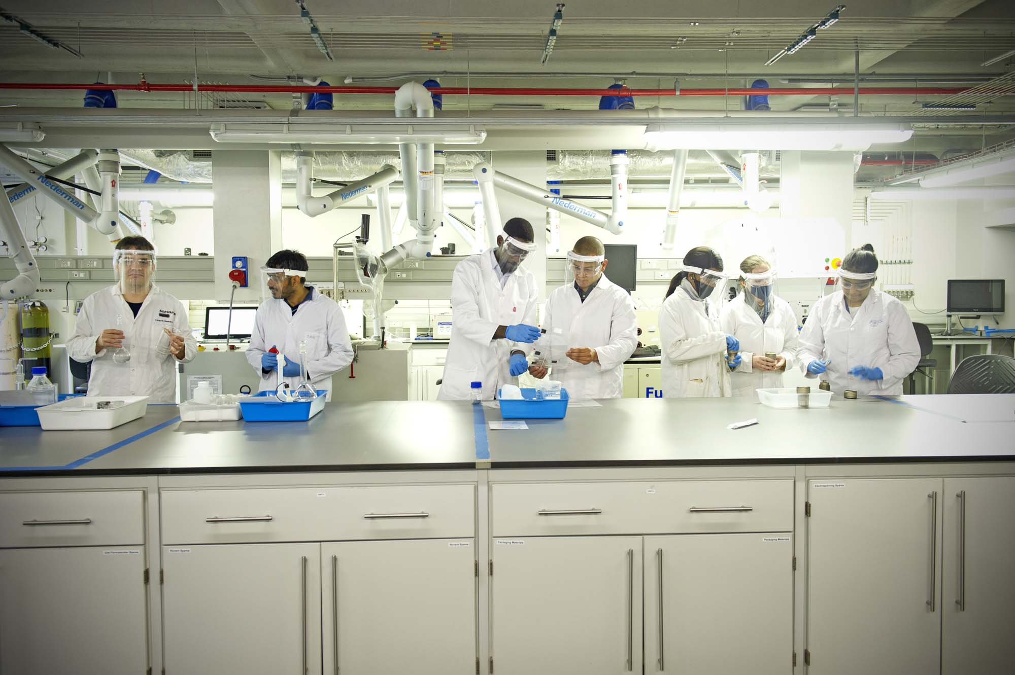 Dr Rhiyaad Mohamed and chemical engineering students at work on a two-year R3 million project to advance electrolyser catalyst-coated membranes used for hydrogen production.