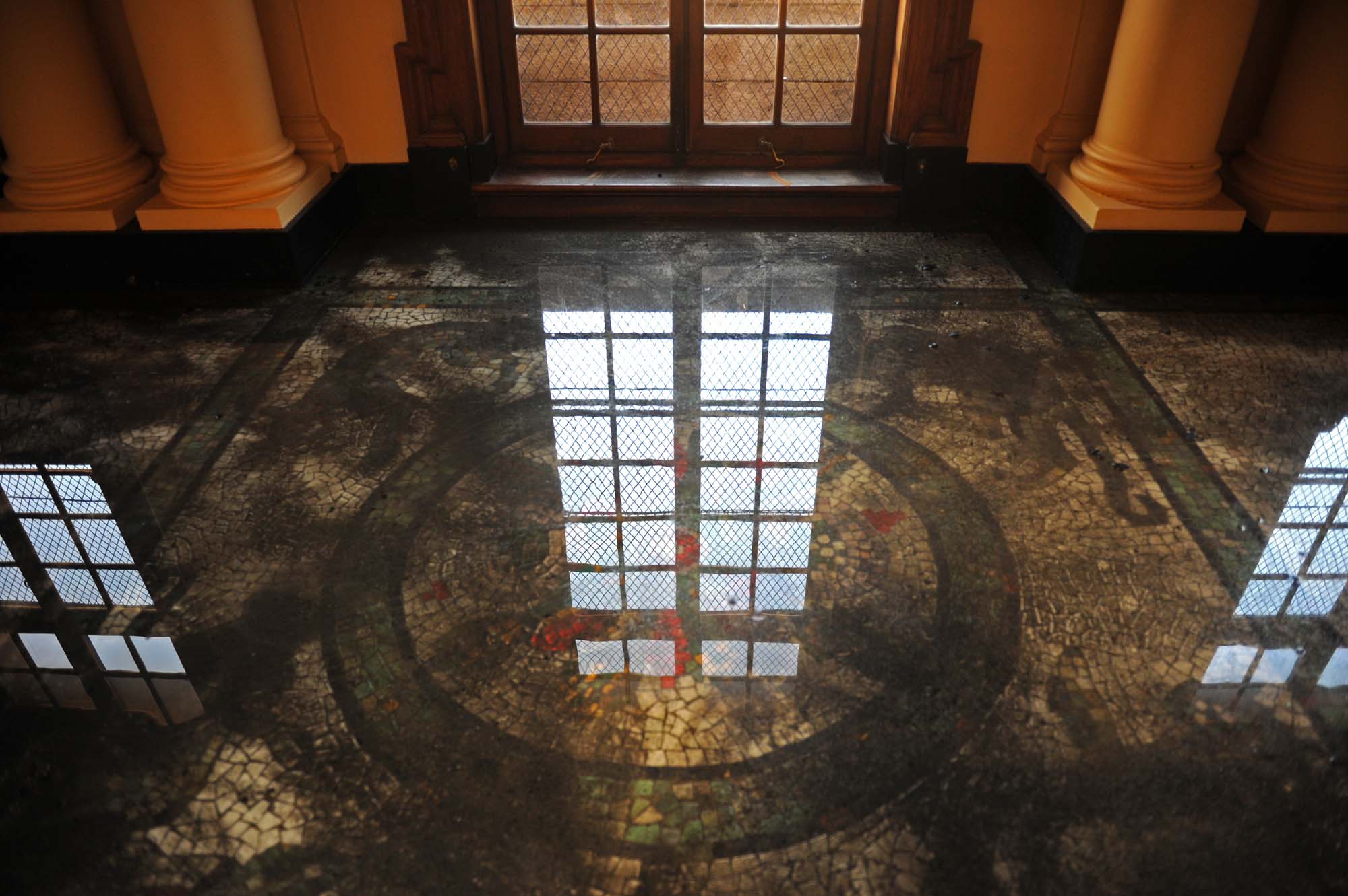 Water left behind in the foyer of the Jagger Reading Room from fire fighting efforts.