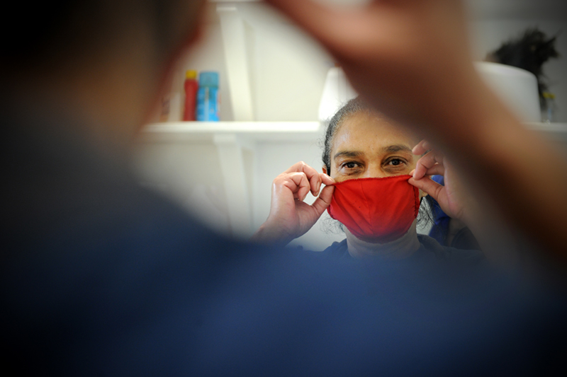 Charmaine Kannemeyer, wearing a mask during the shoot of the “Thuma Mina” video.