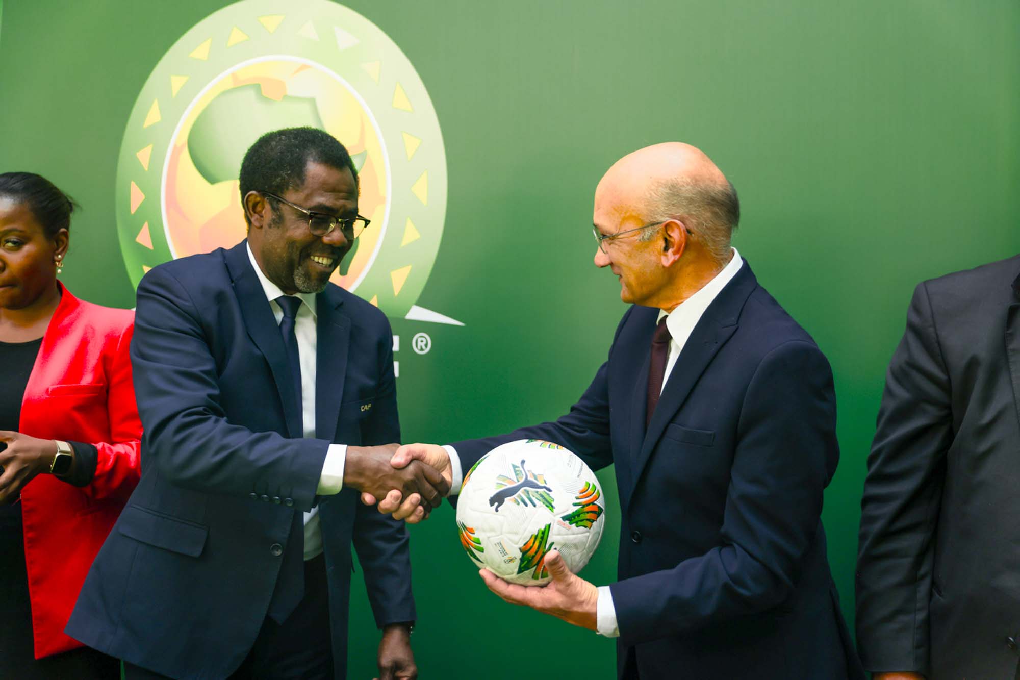 CAF Secretary General, Mr Veron Mosengo-Omba, giving a CAF football as a gift to University of Cape Town (UCT) Vice-Chancellor interim, Professor Daya Reddy.