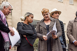 Lindiwe Hani and special guests Deputy Minister Jeremy Cronin and Justice Albie Sachs are taken on a tour of the Chris Hani Lecture Theatre, which is soon to be redeveloped. Photo Robyn Walker.