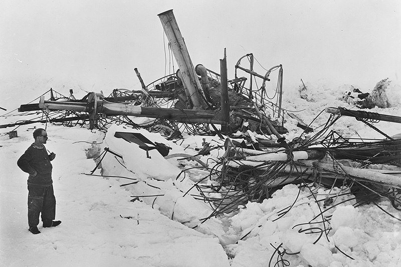 Frank Wild looks on at the wreck of the Endurance