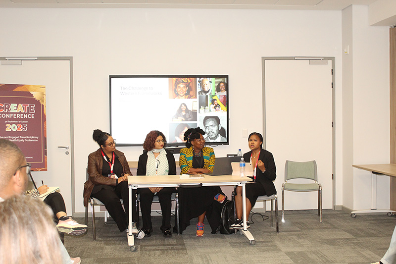 Students Cleo Fortuin, Onwabile Vakalisa and Sobaagh Zoutenberg (seen here with Dr Neziswa Titi) presented their honours research at the CREATE 25 conference.