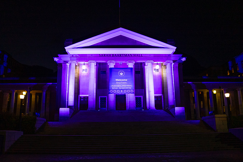 The Sarah Baartman Hall was illuminated in purple on the evenings of 20 and 21 November