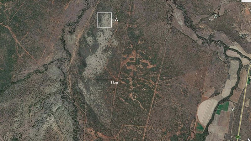 This Google Earth image shows the 1780 to 1830 Tswana town of Molokwane near present-day Rustenburg. The extent of the town is indicated by the grey curving band. A rough population estimate is between 7 000 and 12 000 residents. The area marked A is a section of the northern end of the town.