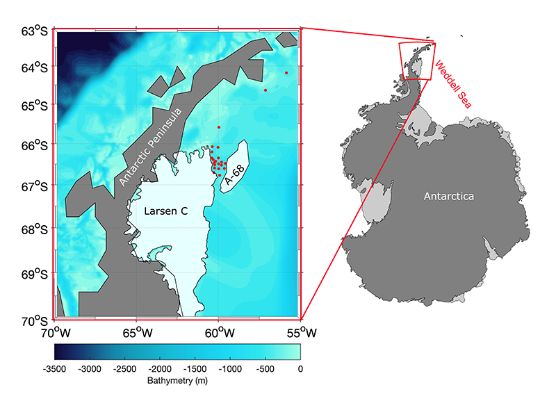 Map showing the area of interest in Antarctica. The red dots showing where we undertook oceanographic measurements as part of the Weddell Sea Expedition.