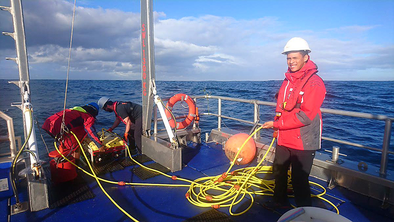 Siseko Benya, Dr Denham Parker and Luther Adams (from left to right) deploy a remotely operated vehicle off the RV Phakisa